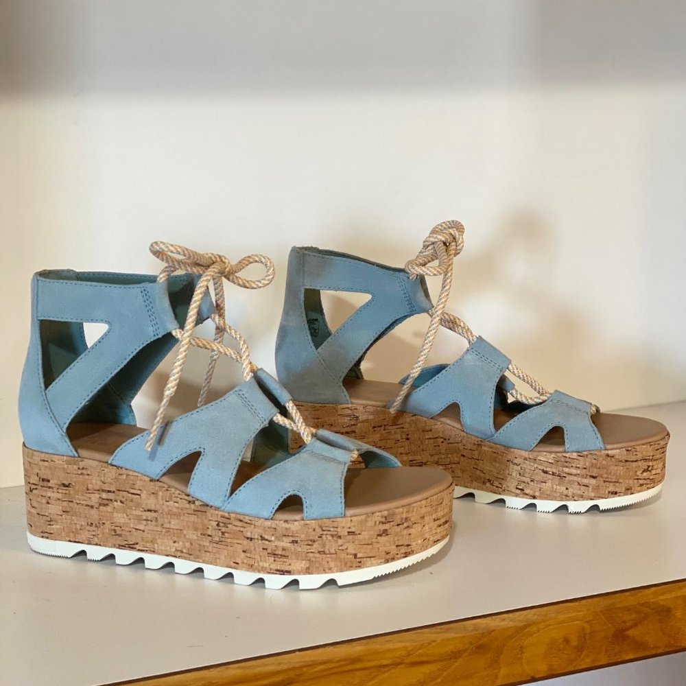 Sorel Blue Suede Cork Platform Sandals with Rope Laces